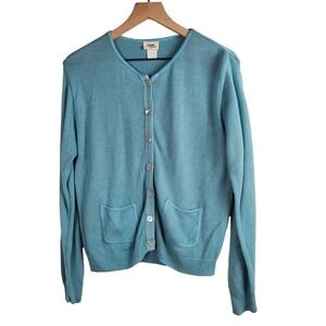 Oona‎ Cardigan Sweater XL Aqua Blue Velvet Trim Long Sleeve Lagenlook